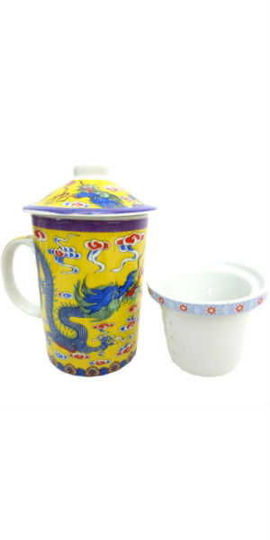 Mug Théière en Porcelaine Dragon bleu sur font jaune 