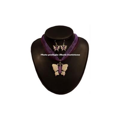 Parure de Bijoux Collier et Boucles d'oreilles - Papillon Blanc et Violet